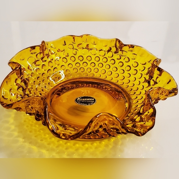 Vntg Handcrafted Kanawha Hobnail Amber Ruffled Bowl EUC - Picture 2 of 10